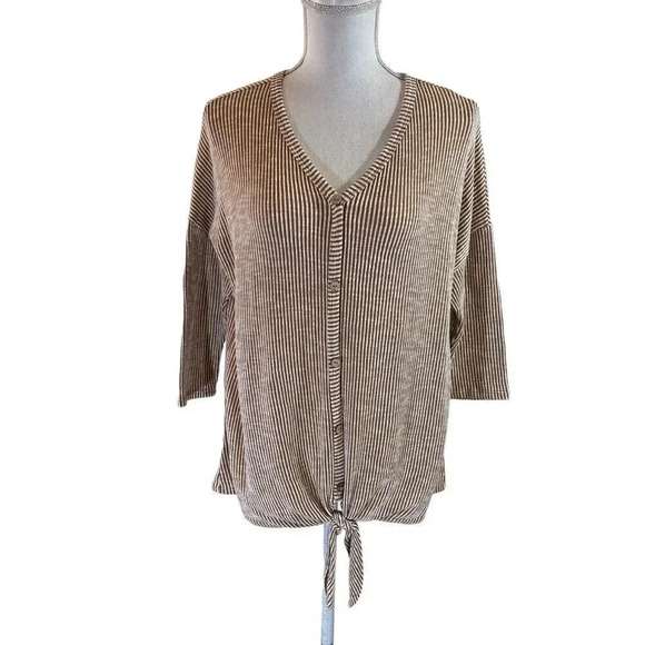 Gyft Brown And White Striped Top Plus 1X Tight Knit 3/4 Sleeves Pullover V Neck - Picture 1 of 6